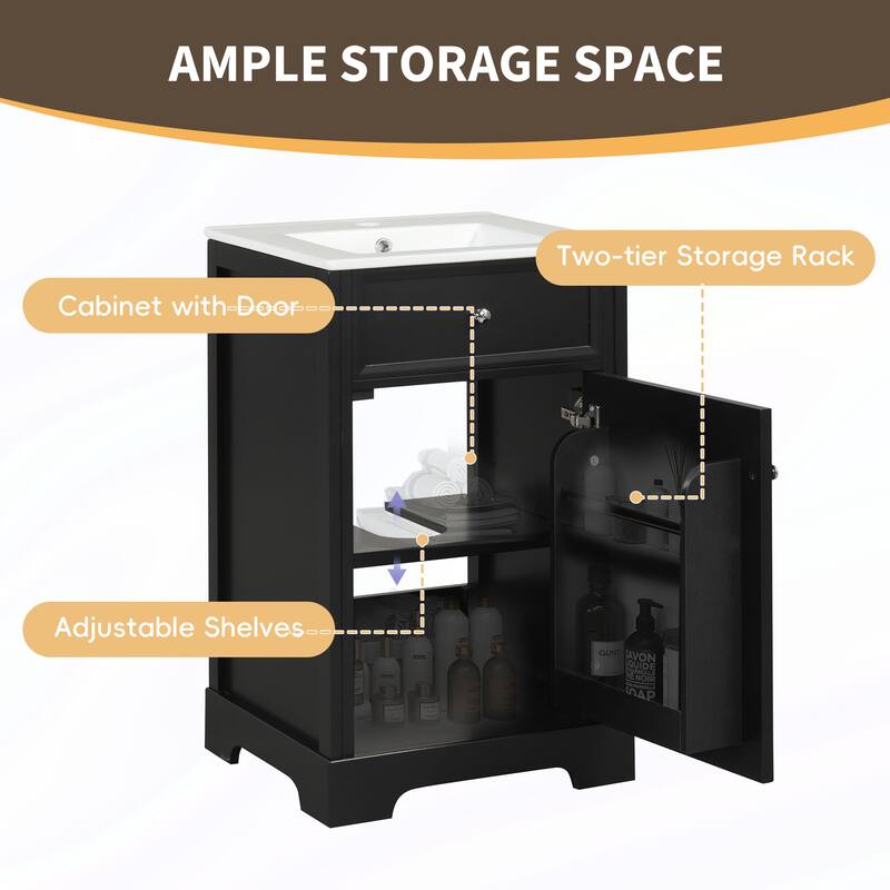 Roomfitters 20" Bathroom Vanity with Sink, Soft-Close Cabinet with Door Racks & Adjustable Shelf