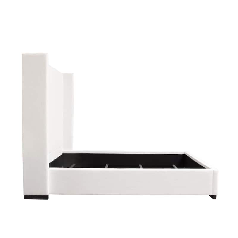 Boa Queen Size Bed w Vintage Wing Headboard, White Linen Upholstery