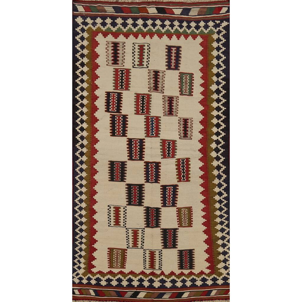 Beige Kilim Qashqai Persian Vintage Rug Hand-Woven Wool Carpet - 3'6"x 6'11"