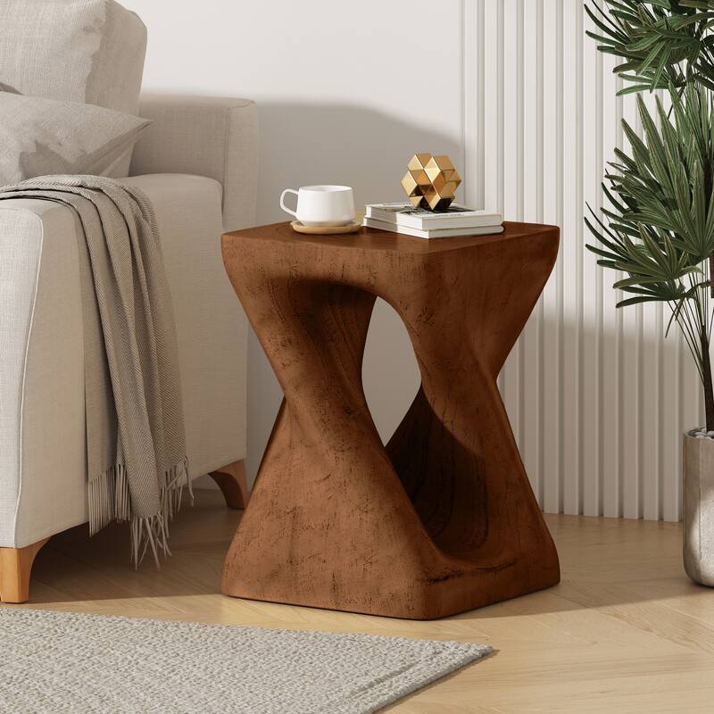 Unique Hollow Twisted Spiral Shape Side Table with Wood Grain Texture - Antique Brown
