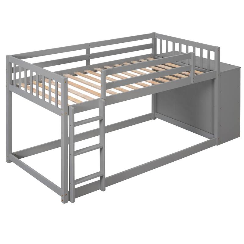 Gray Pine Wood Bunk Bed with 4 Drawers, 3 Shelves, and Built-in Ladder