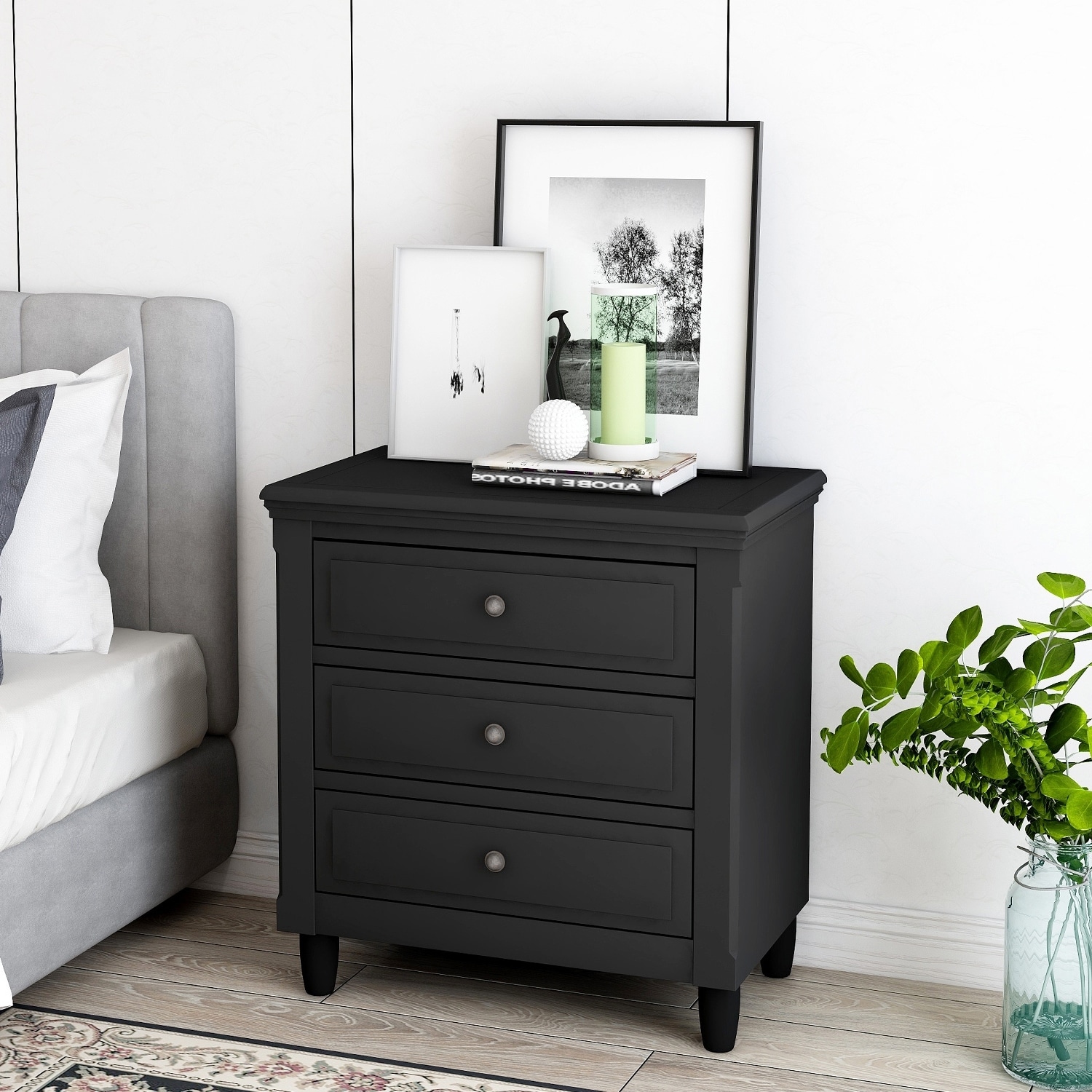 Black 3-Drawer Wood Nightstand for Bedroom & Living Room
