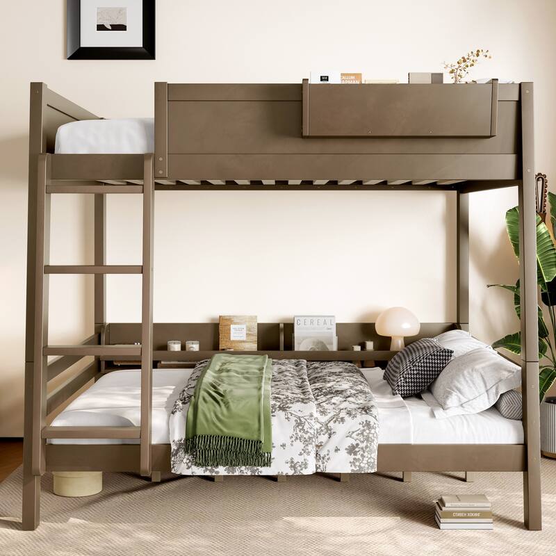 Full Bunk Bed With Storage Shelf and Bookshelf,Wood Bunk Bed with Ladder and Guardrails,Detachable Design - Brown
