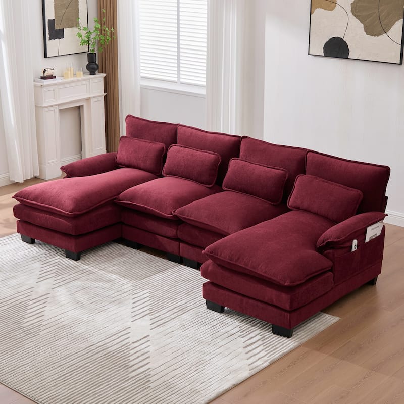 HOMEFUN Chenille Upholstered U-Shaped Modular Wood Frame Sleeper Sectional Sofa with Double Chaise - Wine Red