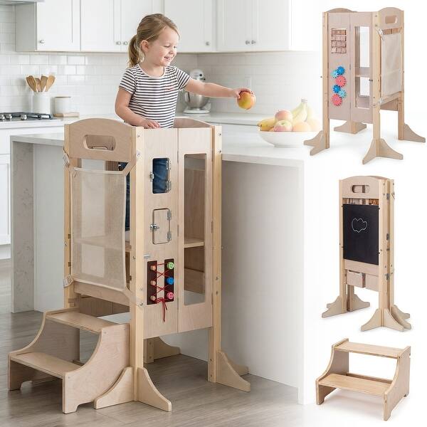 slide 2 of 10, Gymax Foldable Toddler Step Stool Wooden Kitchen Standing Tower w/ - Natural Natural