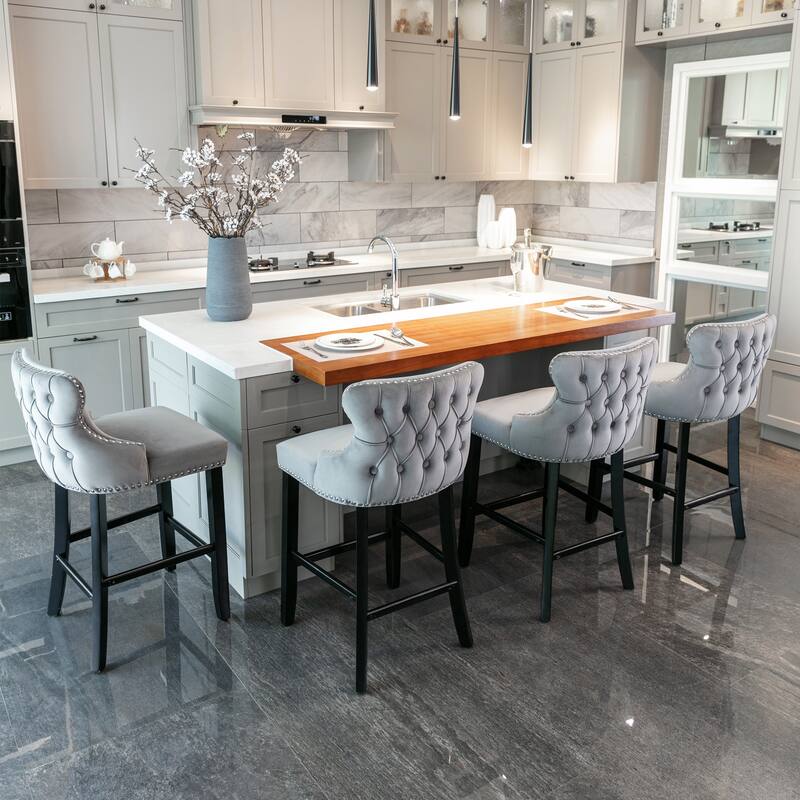 Upholstered Wing-Back Barstools Set of 2/4, Leisure Bar Chairs with Button Tufted Decoration, Wooden Legs and Nailhead Trim - Set of 4 - Gray