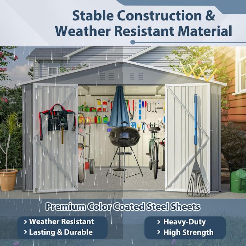 Outdoor Storage Shed, All Weather Metal Sheds with Lockable Doors, Tool Shed