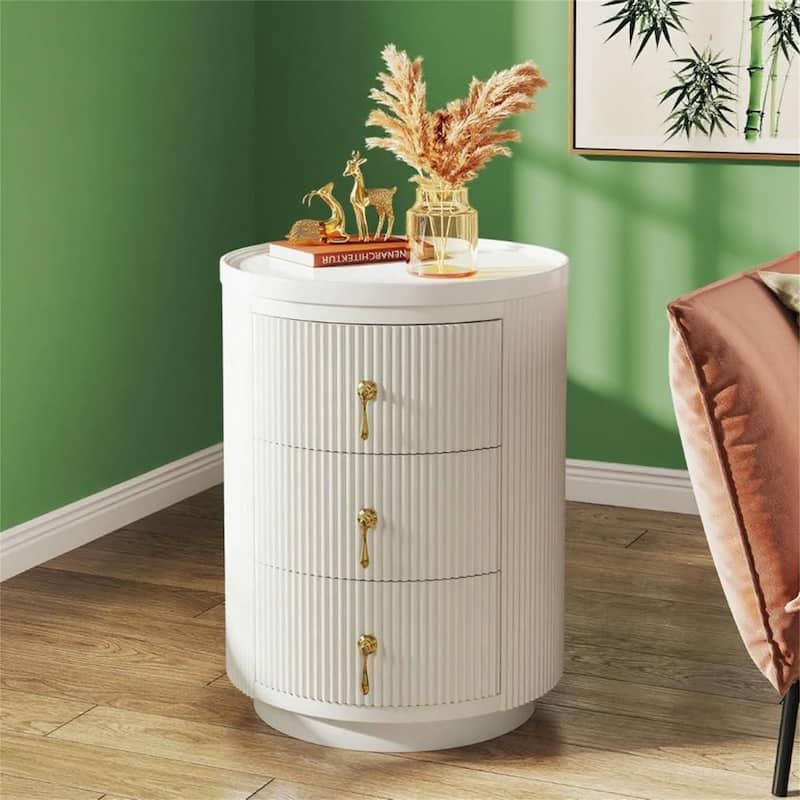 Ready-to-Use Round Nightstand with 3 Drawers - White