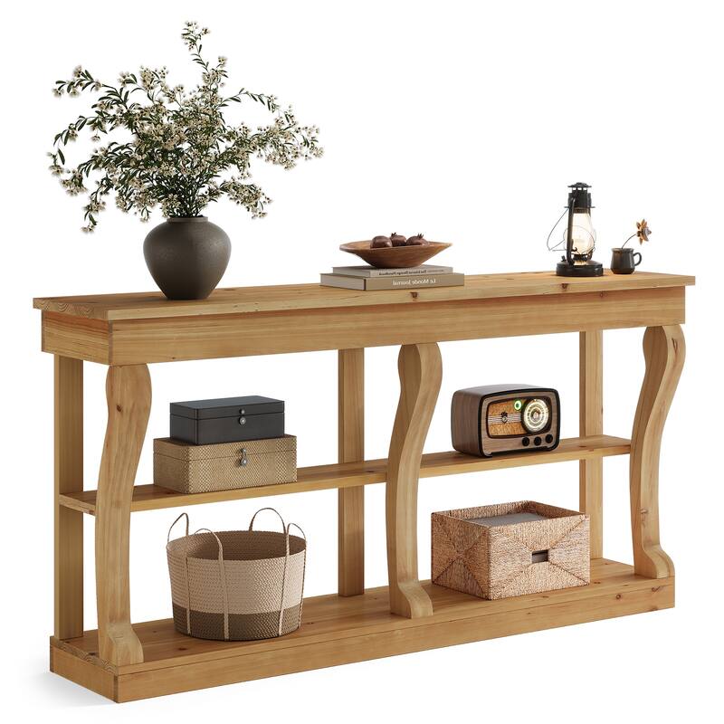 Solid Wood Entryway Console Table, 63'' 3-Tier Sofa Table Behind the Couch