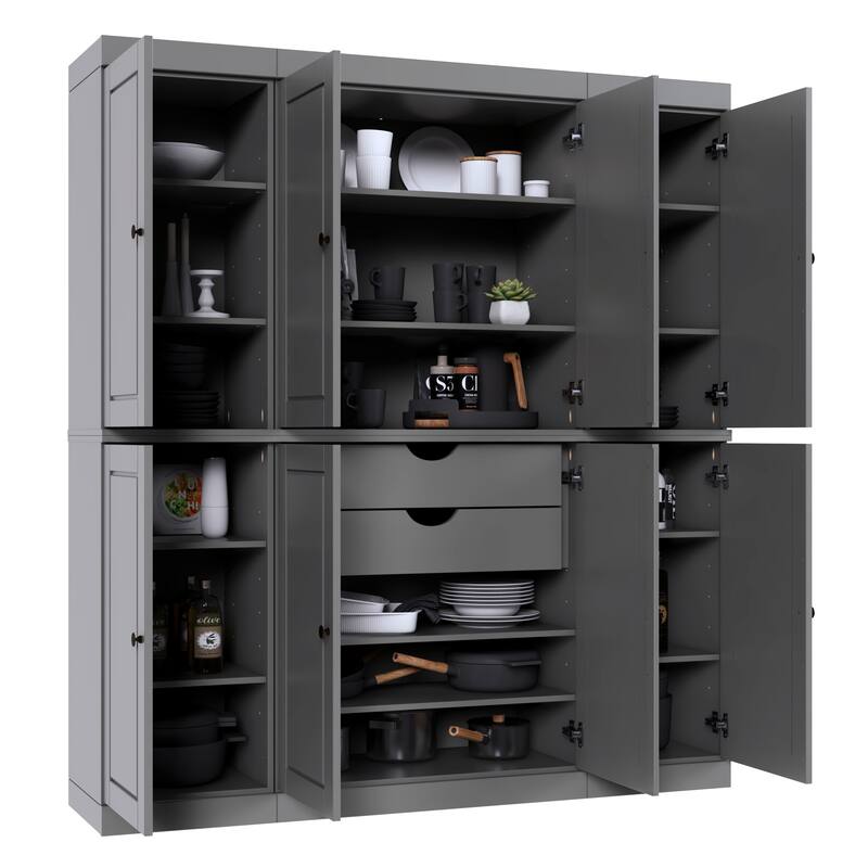 Palace Imports 100% Solid Wood Pantry Cabinet, Raised Panel Doors, 2 Drawers, Adjustable Shelves, 65" Wide, 71.5" Tall