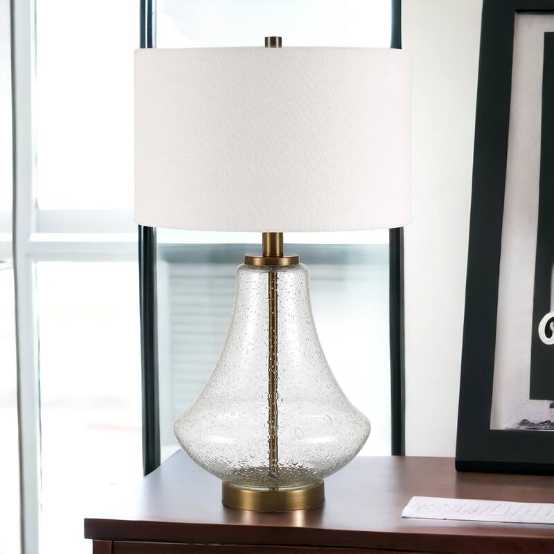 23" Coastal Glass Table Lamp with Linen Fabric Drum Shade and Metal Base for Bedroom or Living Room - 15"W x 15"D x 23"H