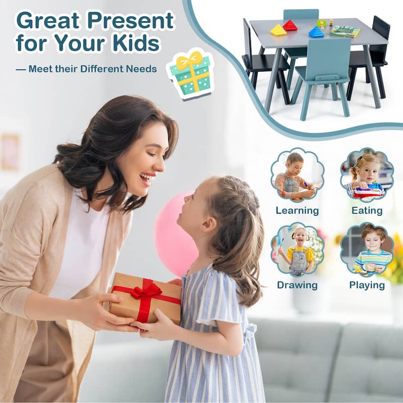 Gymax 5 Piece Kids Wooden Activity Table and 4 Chairs Play Set Gift w/