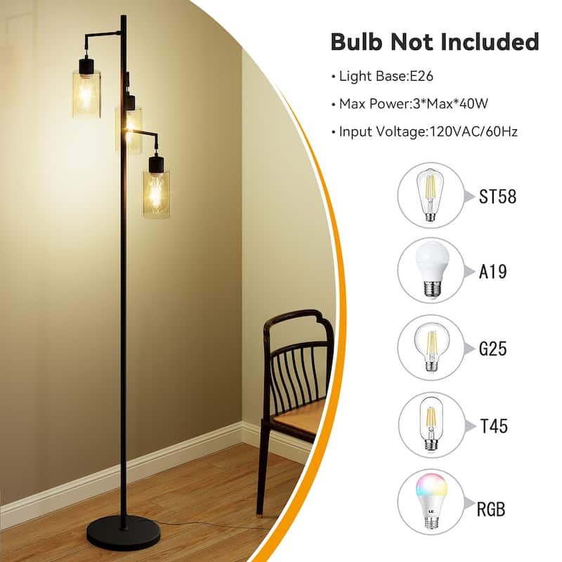 67" 3-Light Tree-Shaped Floor Lamp - Glass Lampshades & Foot Switch for Living Room & Bedroom