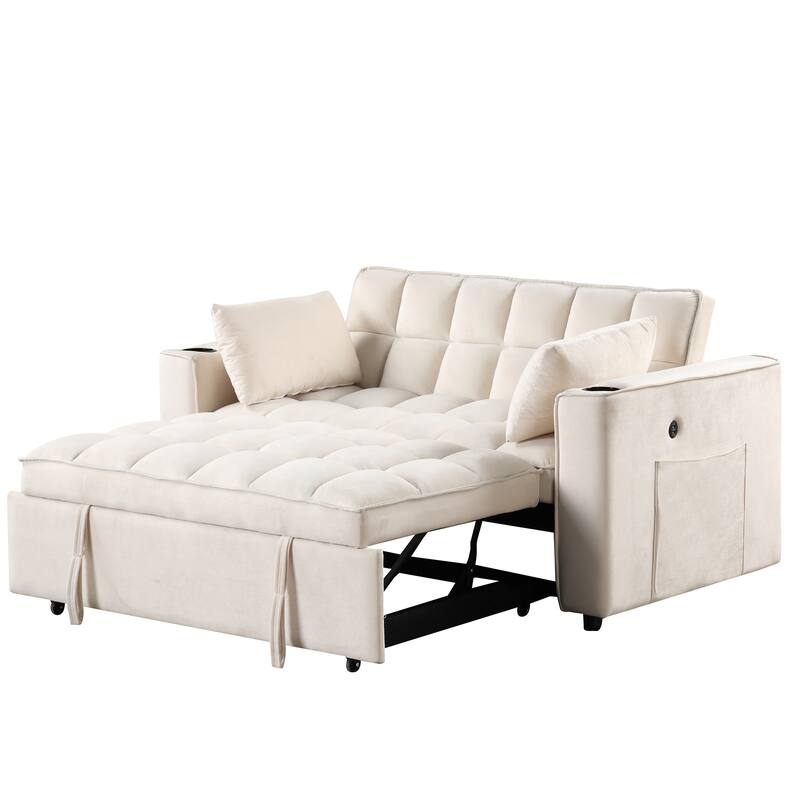 58" Velvet Sofa Bed with Built-In Cup Holder and USB Port, Great for Apartments or Guest Rooms