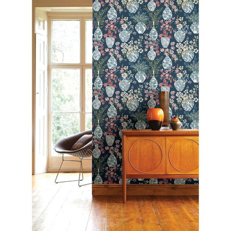 A-Street Prints Harper Teal Floral Vase Wallpaper