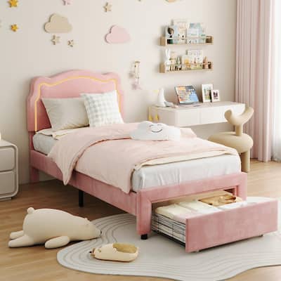 Twin Platform Bed, with LED Light and Adjustable Headboard，With Drawer