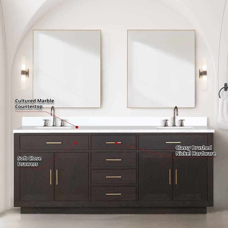 Abbey 60 in W x 22 in D Black Oak Double Bath Vanity, Cultured Marble Top, Faucet Set, and 28 in Mirrors
