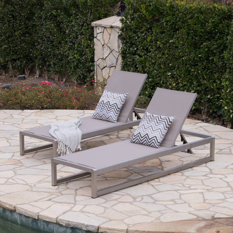 2pc Modesta Chaise Lounge Set Grey Adjustable Outdoor Mesh Patio Furniture with Aluminum Frame 76in