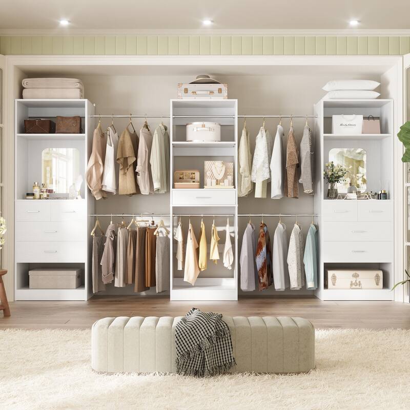 70'' - 221'' Set of 3 Closet System Organizer with Adjustable Hanging Rods, Shoe Racks, and Shelves - White