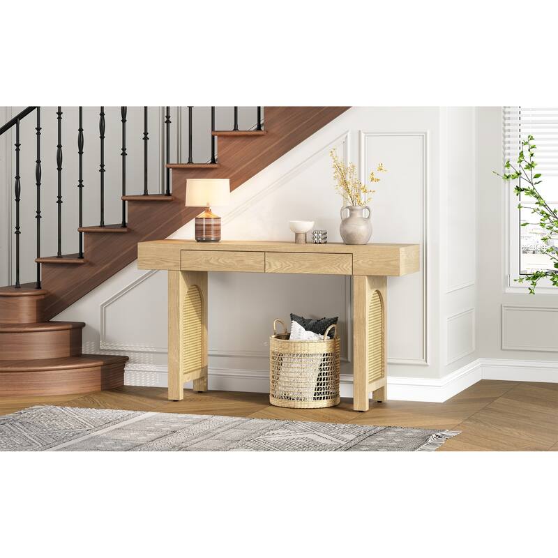 Narrow Console Table with Rattan Accent