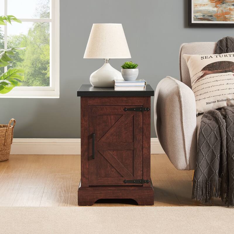 Anmytek Farmhouse Side Table with Barn Door Storage Rustic Nightstand End Table for Bedroom Living Room