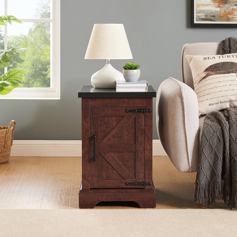 Farmhouse Side Table Narrow Nightstand with Barn Door and Hidden Cabinet for Bedroom Living Room