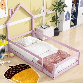 Twin Wood Bed with House-Shaped Headboard Floor Bed with Fences, Pink