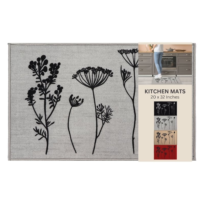 Wool Effect Wildflowers Kitchen Mat or Runner Rug - Floor Mat 32"L x 20"W - Gray/Black