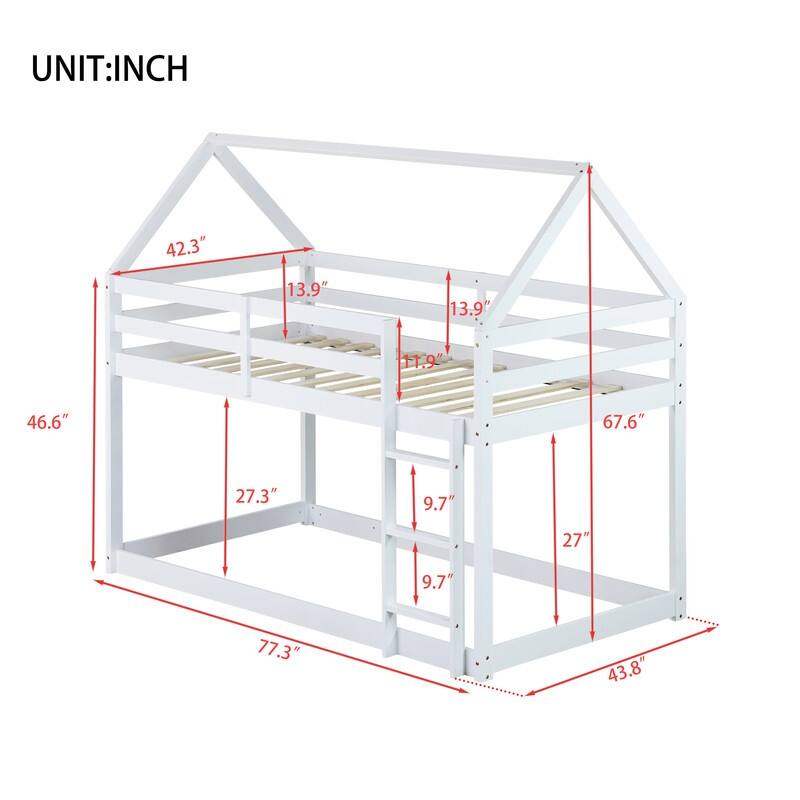 Twin over Twin Size Rubber Wood Floor Bunk Bed with ladder and Guardrails