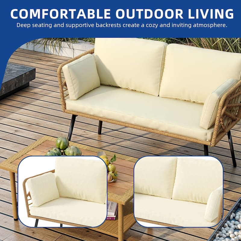 Moasis 2 Pieces Outdoor Wicker Bistro Patio Conversation Set with Loveseat and Side Table