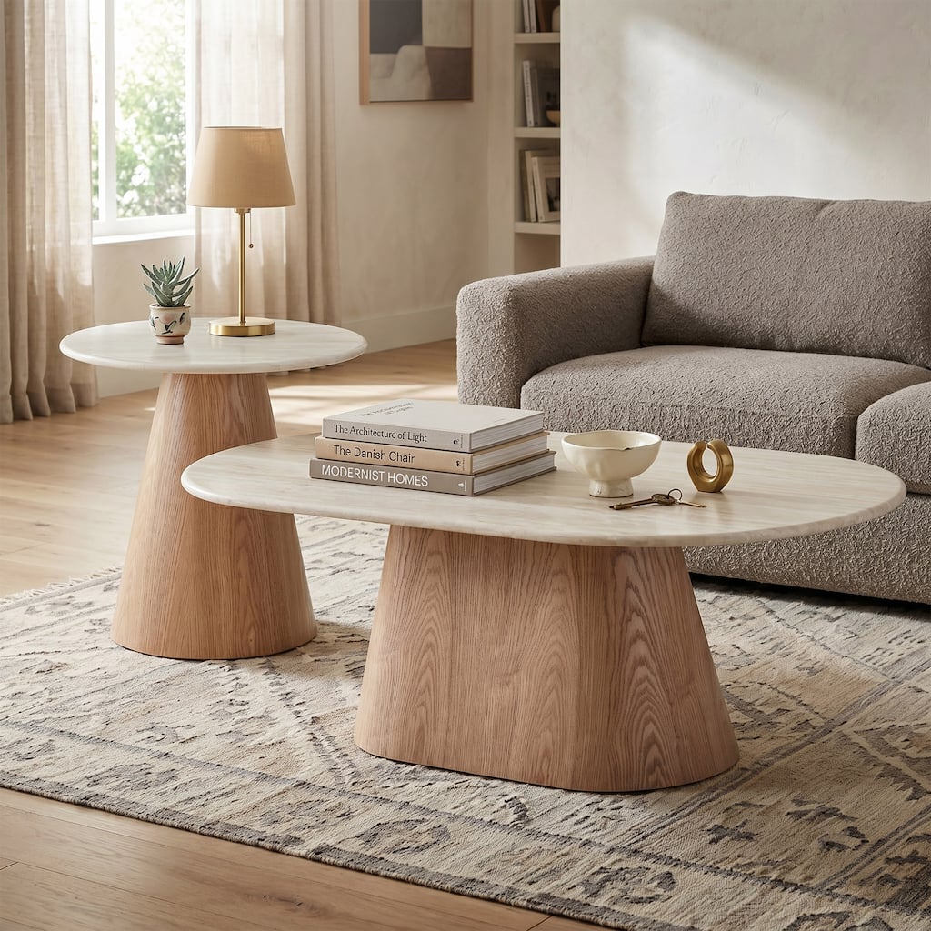 Furniture of America Yovik Modern 2-Piece Natural Wood Coffee Table Set with Sintered Stone Top