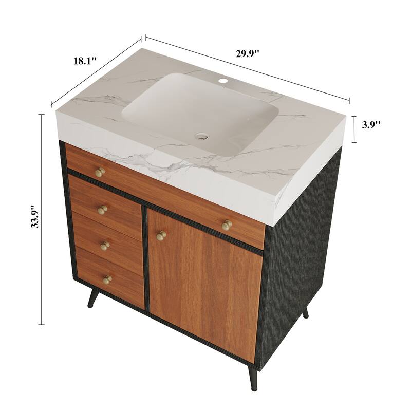 GDFStudio - Bristol Modern 29.9" Freestanding Bathroom Vanity with Sintered Stone Top, Ceramic Sink & Stainless Steel Legs