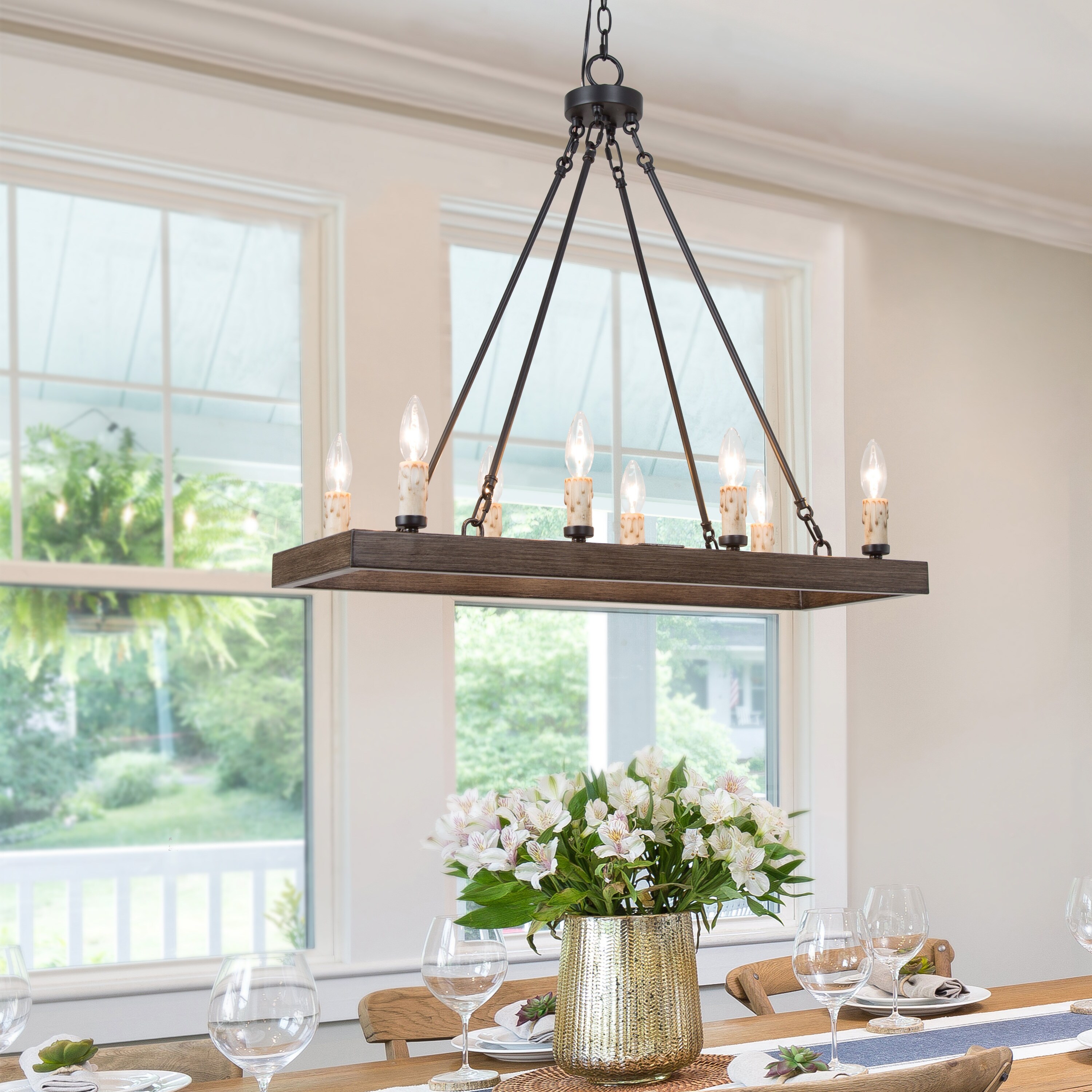 Mid-Century Farmhouse 8-light Wood Chandelier Linear Kitchen Lights - L29