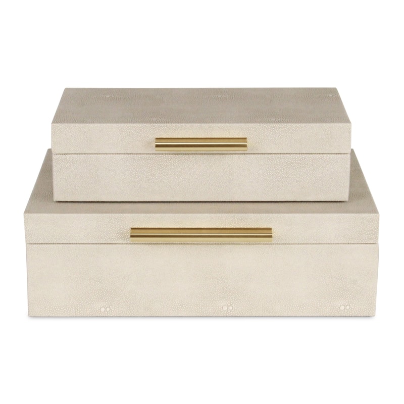 Set of 2 White Rectangular Faux Shagreen Decorative Box with Handles 11.75"
