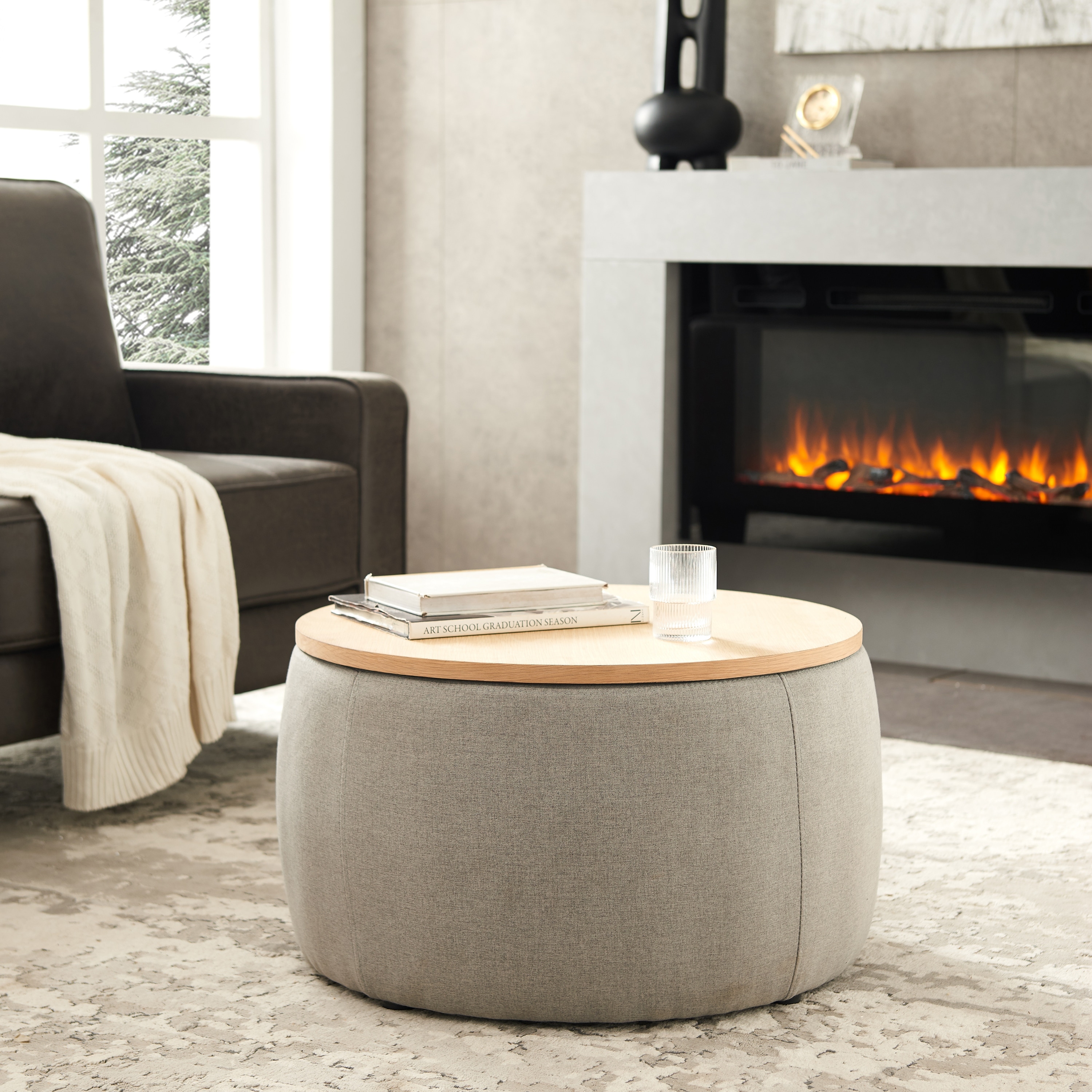 Round Fabric Storage Ottoman with 2 in 1 Function