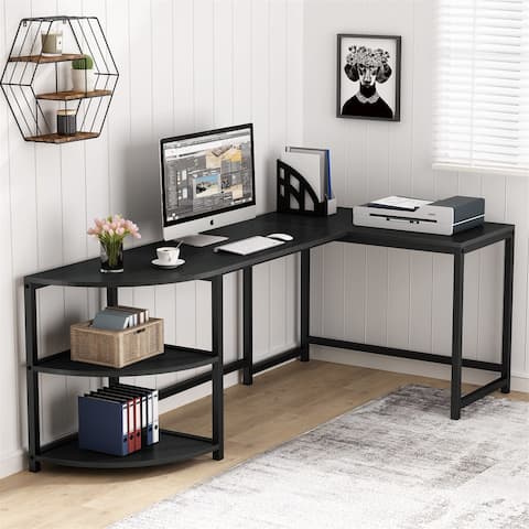L-Shaped Desk with Storage Shelf, Reversible Computer Desk