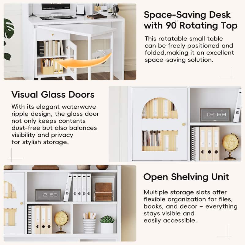 43 Inch Computer Desk with 90 Degree Rotating Desktop, Office Desk with Drawer Cabinets and Shelves for Home Office