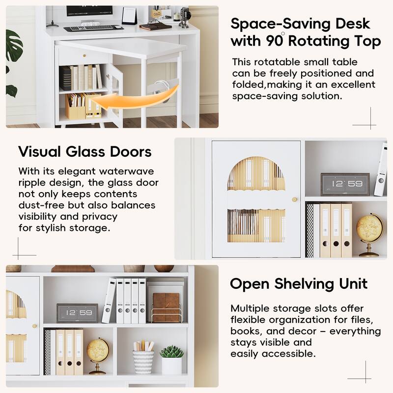 Computer Desk with 90 Rotating Side Table, Storage Drawer, Cabinets and Open Shelves for Home Office Study