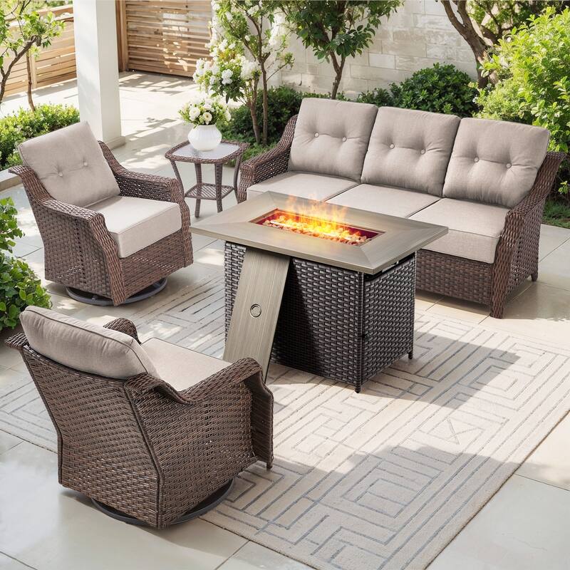 Gymojoy Wicker Patio Furniture Sofa Set with Fire Pit Table, 6-Inch Ultra Thick Cushioned 360° Swivel Glider Chairs