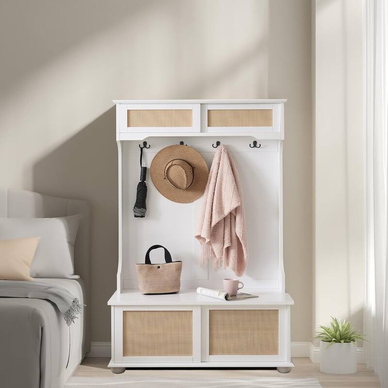Roomfitters Casual Style Hall Tree Entryway Bench with Rattan Door Shelves, Shoe Cabinets, Solid Wood Feet