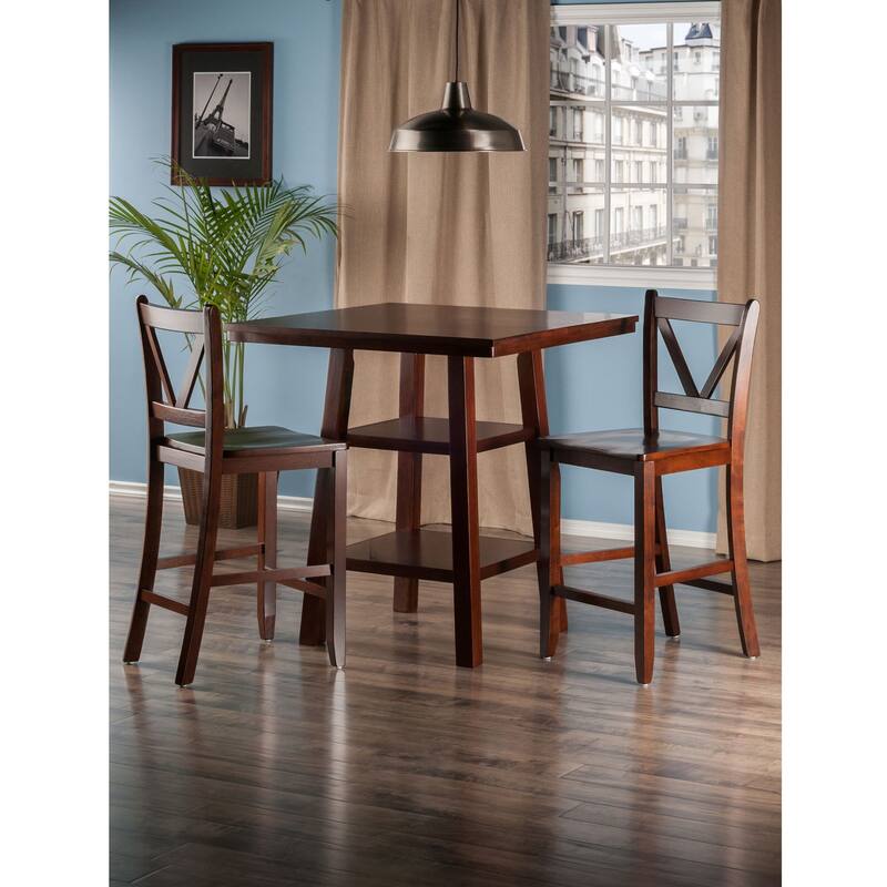 3 Walnut Finish Solid Wood High Table 2 V Back Counter Stools Set 36"