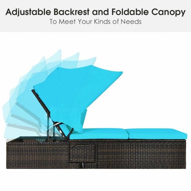 Chaise Cushioned Top Canopy Patio Rattan Lounge Chair with Tea Table - 77”x 23.5”x 13”-25”-28.5”-32.5”-35.5”(L x W x H)