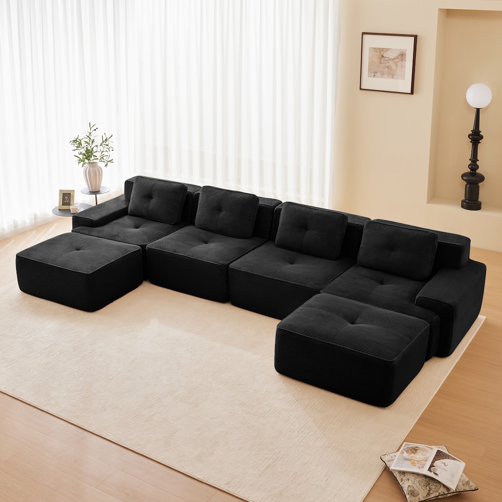GDFStudio - 153" 4-Seater U-Shaped Corduroy Modular Sofa with 2 Movable Ottomans & Ergonomic Deep Seat for Living Room