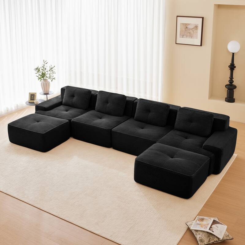 Roomfitters No Assembly Modular Sofa, 117 Inch Corduroy 3-Seater with Piping, Black