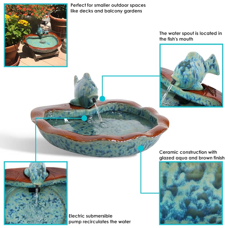 Sunnydaze Glazed Ceramic Fish Outdoor Water Fountain Garden Decor - 7-Inch