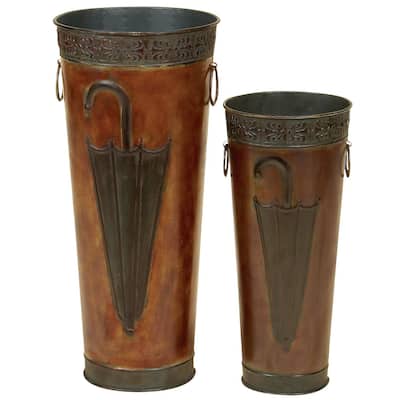 Metal Umbrella Stand with Umbrella Image and Handles - Set of 2 Brown or Black - Roche River Decor