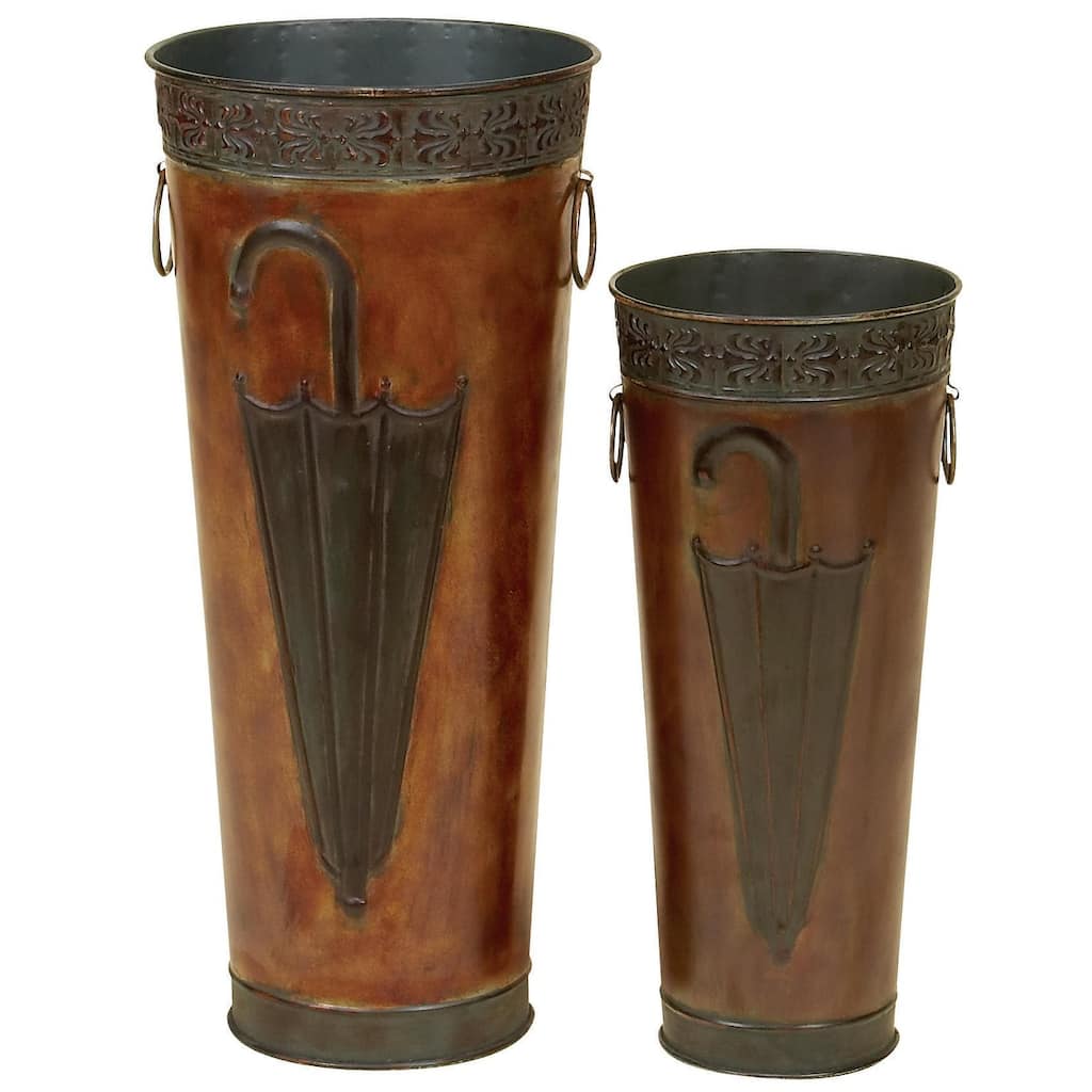 Metal Umbrella Stand with Umbrella Image and Handles - Set of 2 Brown or Black - Roche River Decor