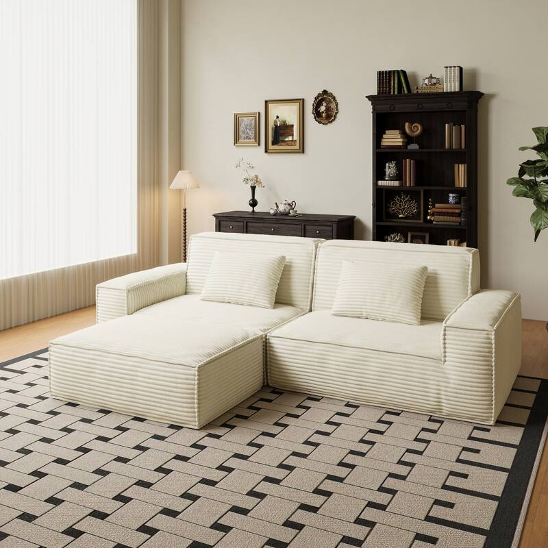 Anmytek Modern Large Striped Vacuum Compressed Full Sponge High Rebound Straight Sofa with Footstool Beige - Beige