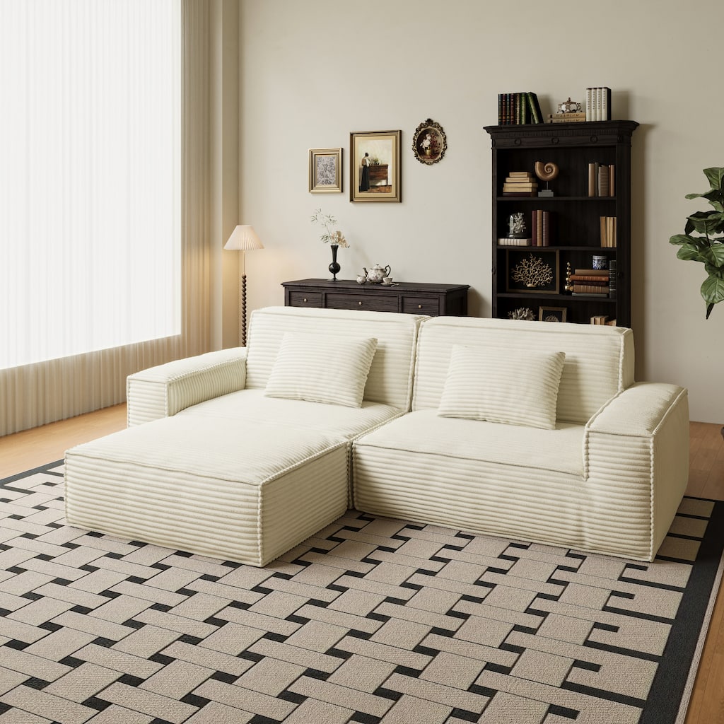 Anmytek Modern Large Striped Vacuum Compressed Full Sponge High Rebound Straight Sofa with Footstool Beige
