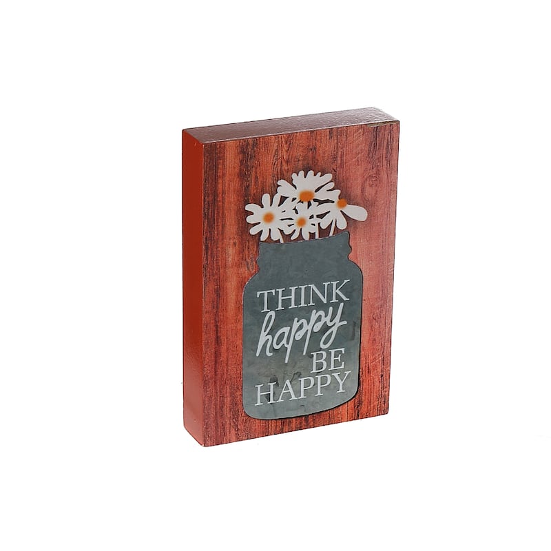 IH Casa Decor Wood Block With Galvanized Jar Think Happy Bee Happy - Multi